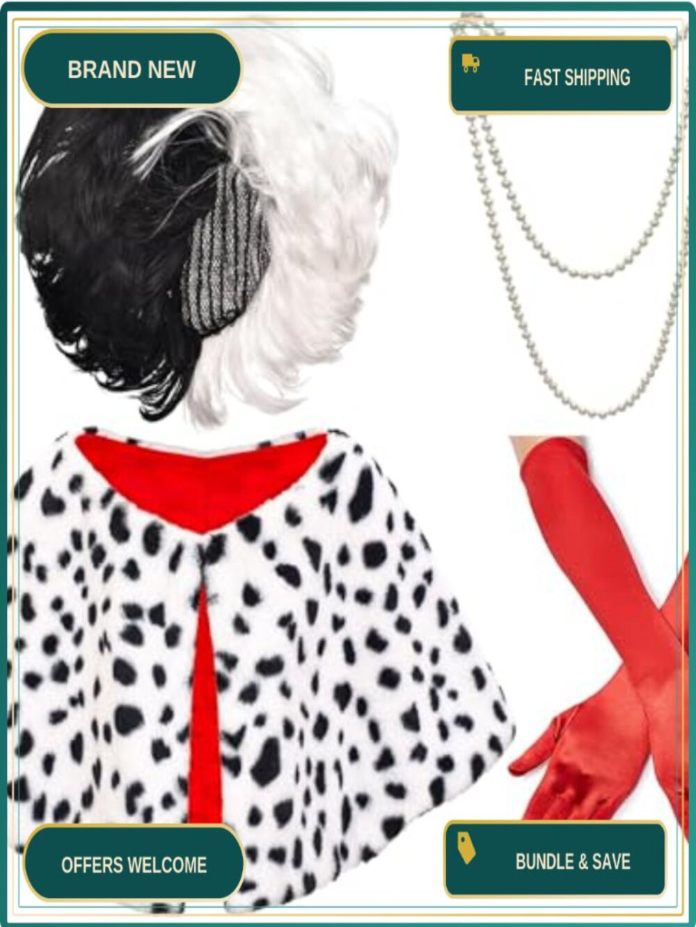 Womens Halloween Costume Accessory Set Wig Gloves Shawl Necklace